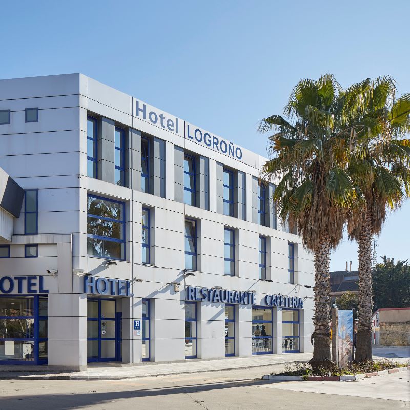 Imagen que muestra la fachada del Hotel en la que se
            ve una palmera y la entrada al mismo